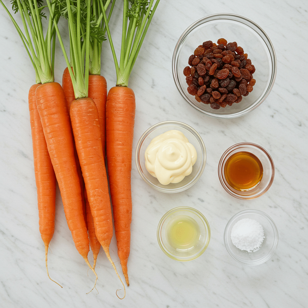 Ingredients for carrot raisin pineapple salad